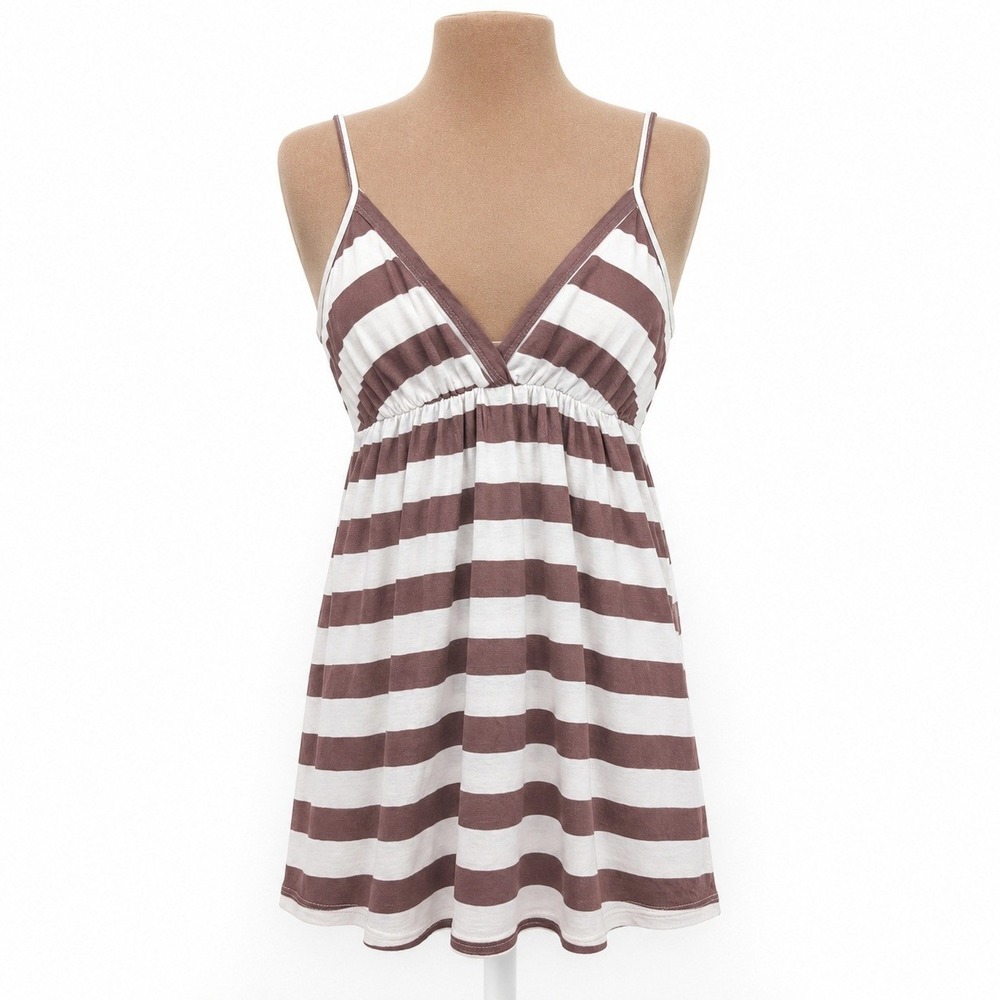 Vintage Y2K Striped Babydoll Cami Tank Size S Brown Preppy Empire Waist Coastal